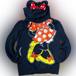 DISNEY PARKS MINNIE MOUSE EARS HOODIE PULLOVER SWEATSHIRT (BLACK RED WHITE)